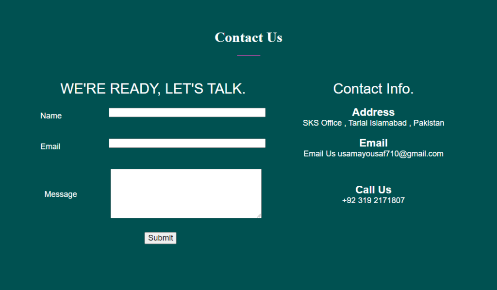 Contact us page using HTML